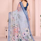 Elegant Steel Blue Linen Cotton Saree with Pastel Floral Prints