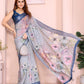 Elegant Steel Blue Linen Cotton Saree with Pastel Floral Prints
