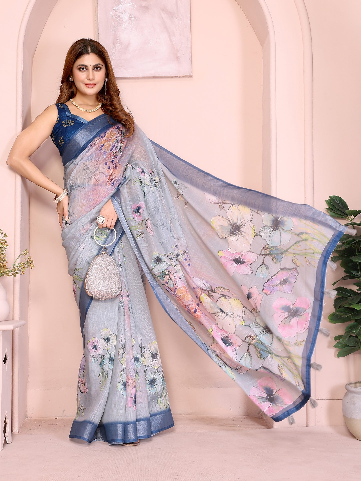 Elegant Steel Blue Linen Cotton Saree with Pastel Floral Prints