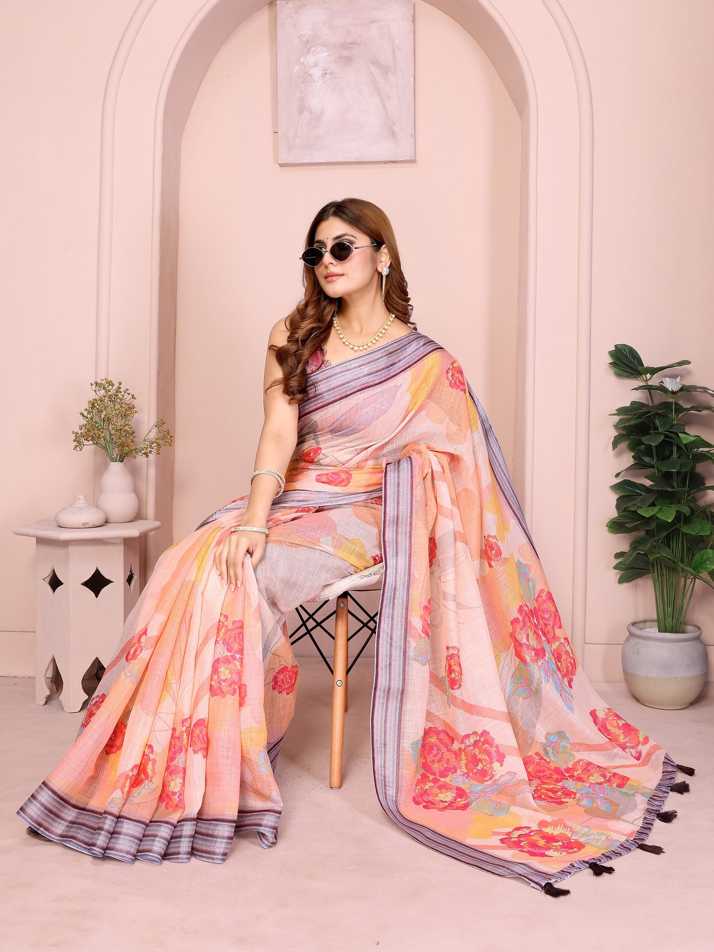 Peach Linen Cotton Saree with Bold Floral Prints