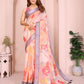 Peach Linen Cotton Saree with Bold Floral Prints