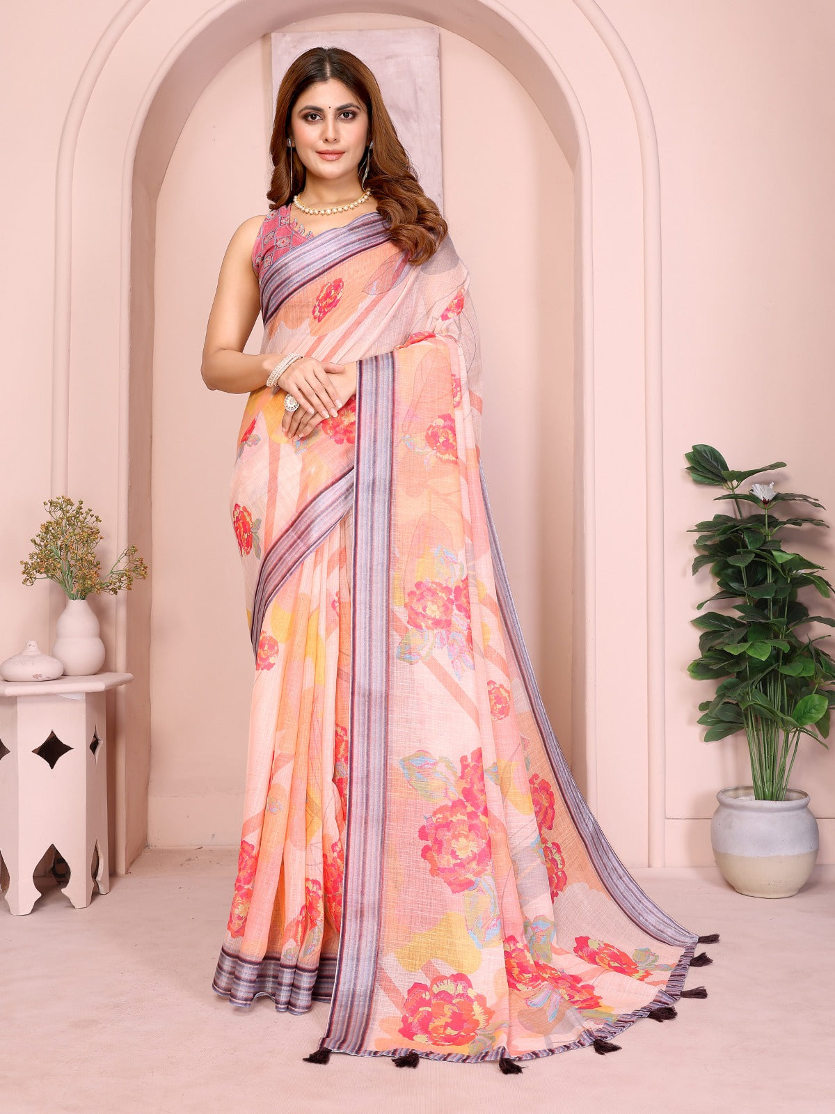 Peach Linen Cotton Saree with Bold Floral Prints