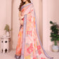 Peach Linen Cotton Saree with Bold Floral Prints