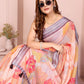 Peach Linen Cotton Saree with Bold Floral Prints