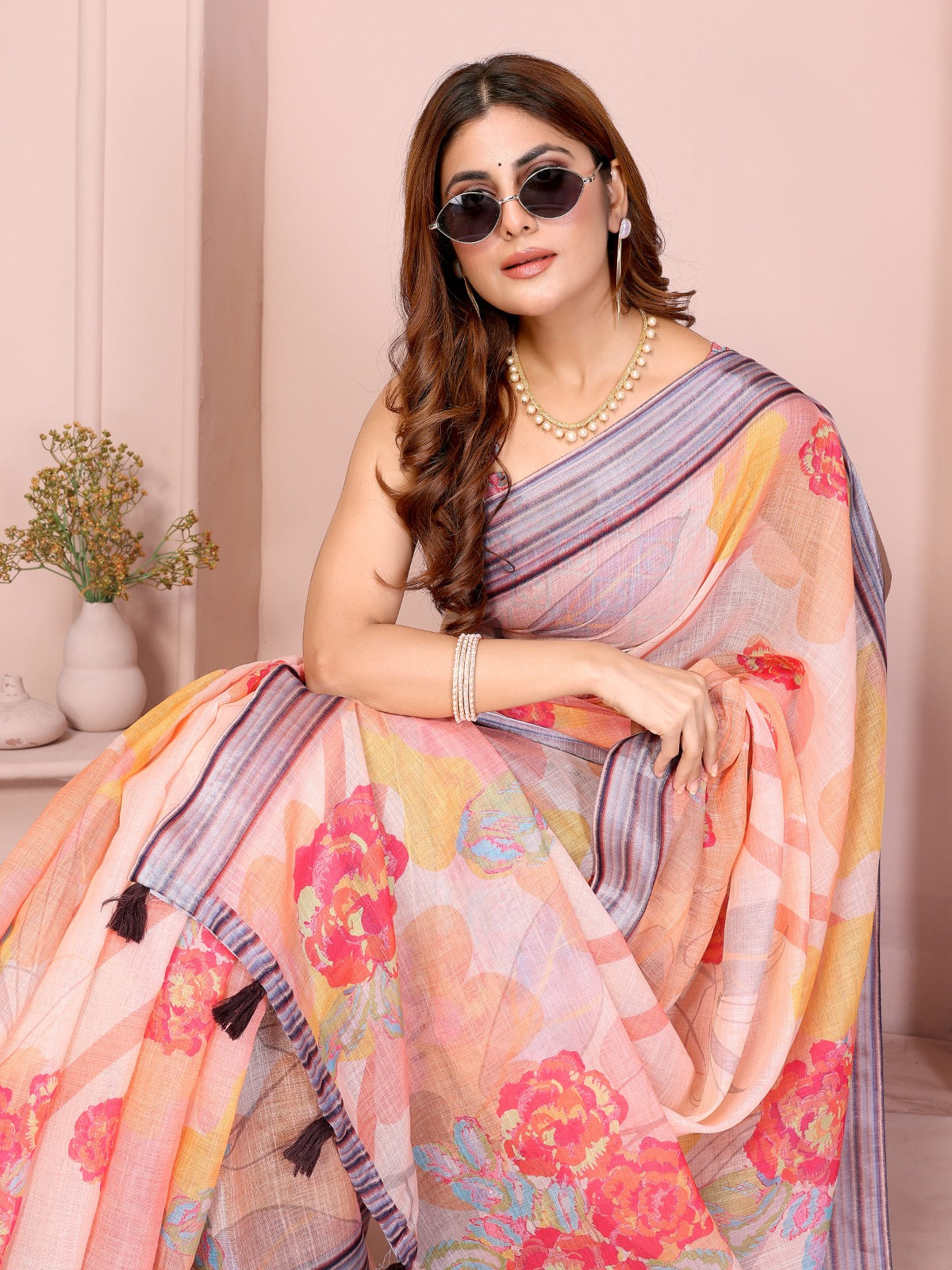 Peach Linen Cotton Saree with Bold Floral Prints