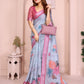 Sky Blue Linen Cotton Saree with Pastel Floral Prints
