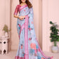 Sky Blue Linen Cotton Saree with Pastel Floral Prints