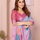 Sky Blue Linen Cotton Saree with Pastel Floral Prints