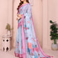 Sky Blue Linen Cotton Saree with Pastel Floral Prints