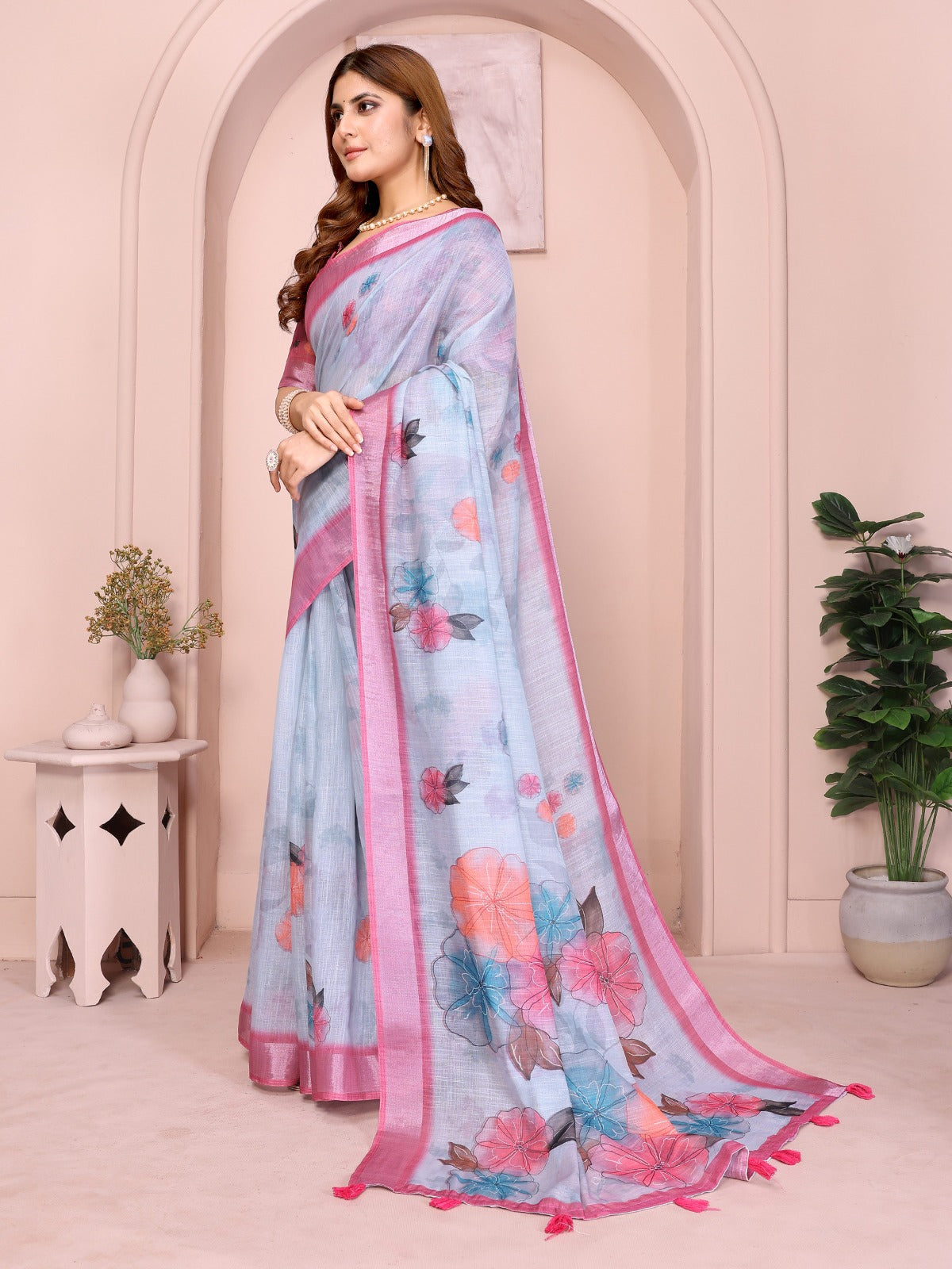 Sky Blue Linen Cotton Saree with Pastel Floral Prints