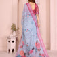 Sky Blue Linen Cotton Saree with Pastel Floral Prints