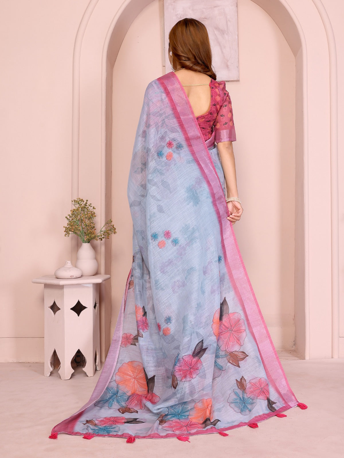 Sky Blue Linen Cotton Saree with Pastel Floral Prints