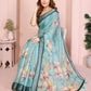 Teal Green Linen Cotton Saree with Watercolor Floral Prints