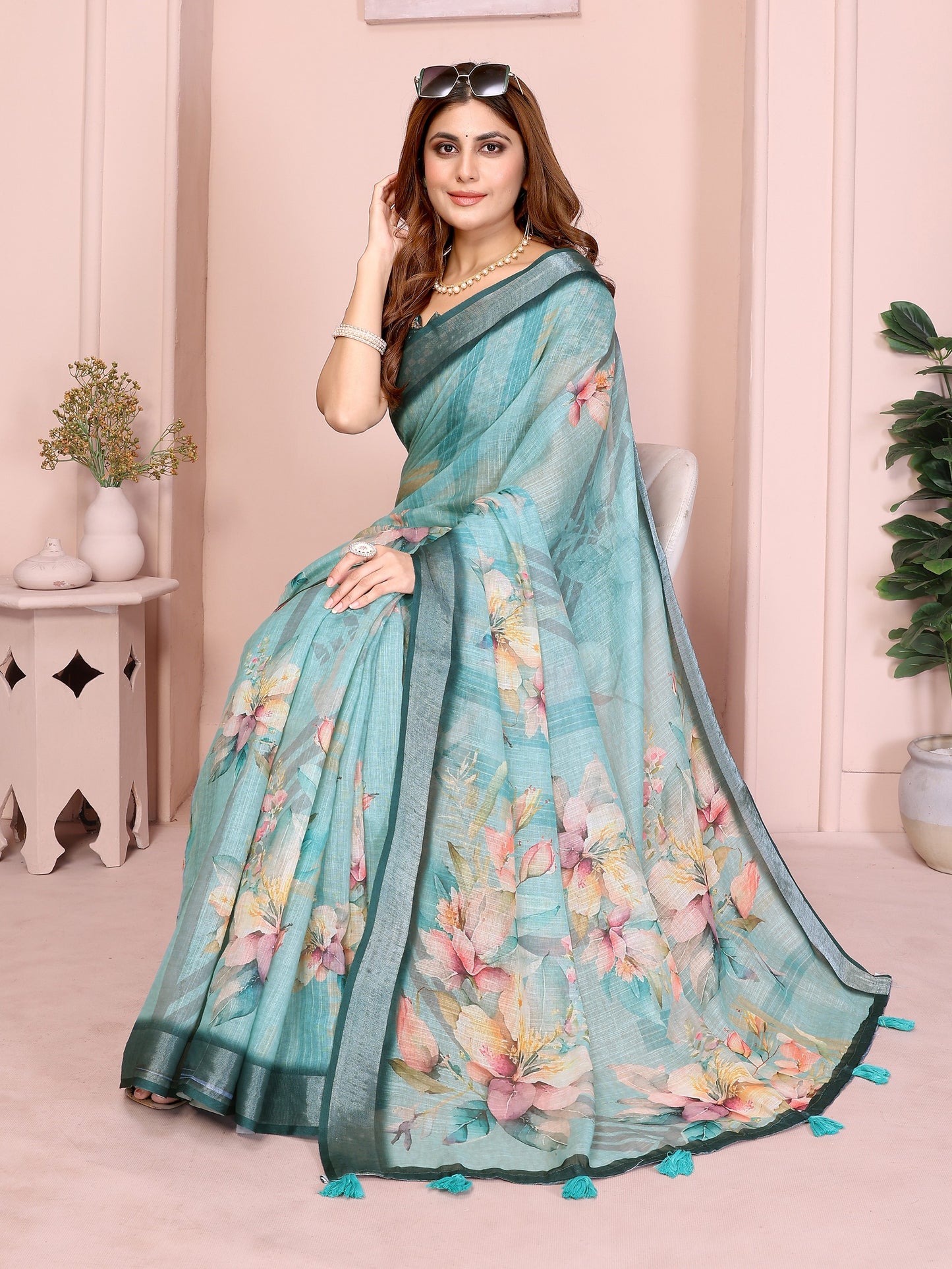 Teal Green Linen Cotton Saree with Watercolor Floral Prints