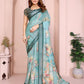 Teal Green Linen Cotton Saree with Watercolor Floral Prints