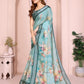 Teal Green Linen Cotton Saree with Watercolor Floral Prints