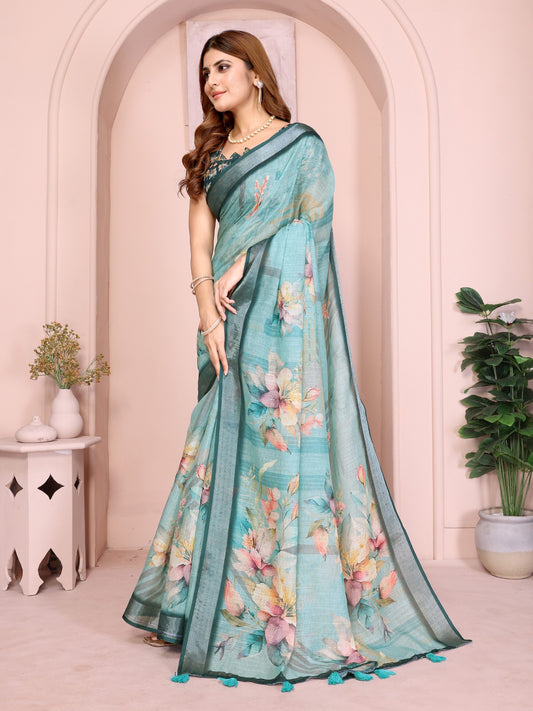Teal Green Linen Cotton Saree with Watercolor Floral Prints
