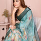 Teal Green Linen Cotton Saree with Watercolor Floral Prints