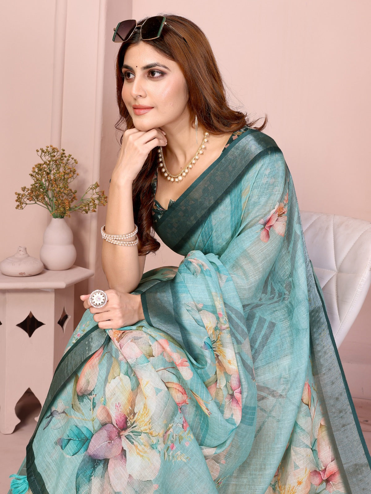 Teal Green Linen Cotton Saree with Watercolor Floral Prints