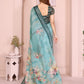 Teal Green Linen Cotton Saree with Watercolor Floral Prints