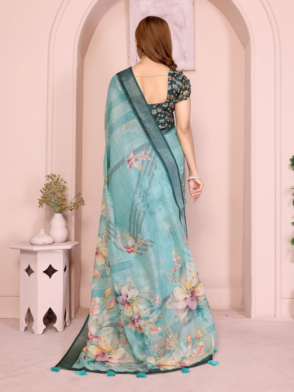 Teal Green Linen Cotton Saree with Watercolor Floral Prints