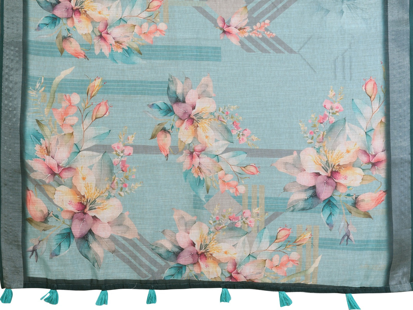 Teal Green Linen Cotton Saree with Watercolor Floral Prints
