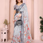 Light Grey Linen Cotton Saree with Artistic Floral Prints
