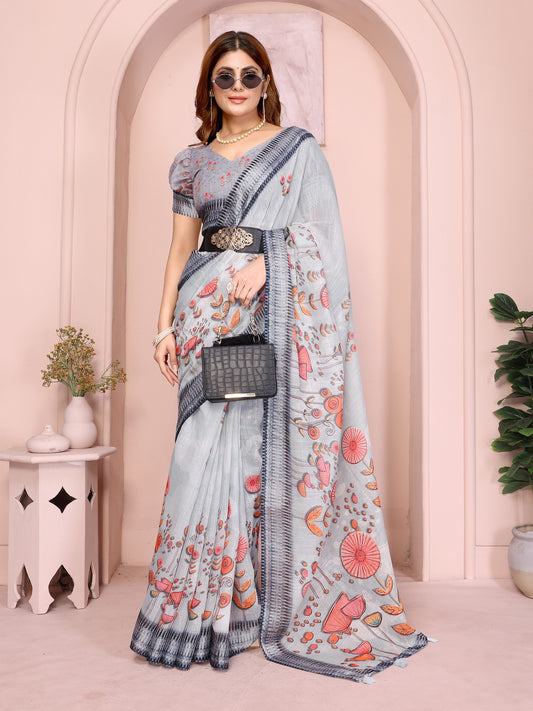 Light Grey Linen Cotton Saree with Artistic Floral Prints