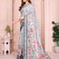 Light Grey Linen Cotton Saree with Artistic Floral Prints