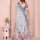 Light Grey Linen Cotton Saree with Artistic Floral Prints