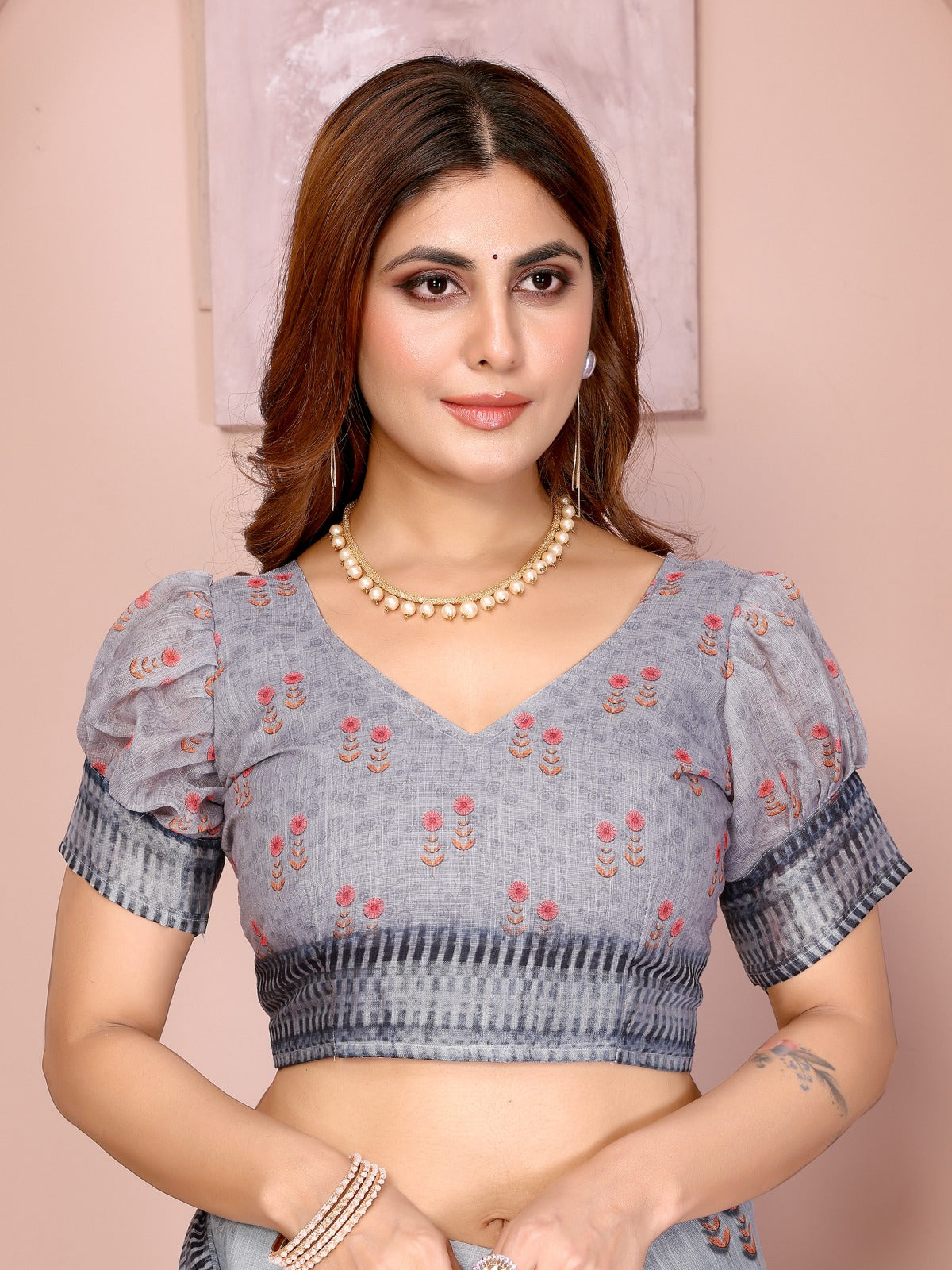 Light Grey Linen Cotton Saree with Artistic Floral Prints