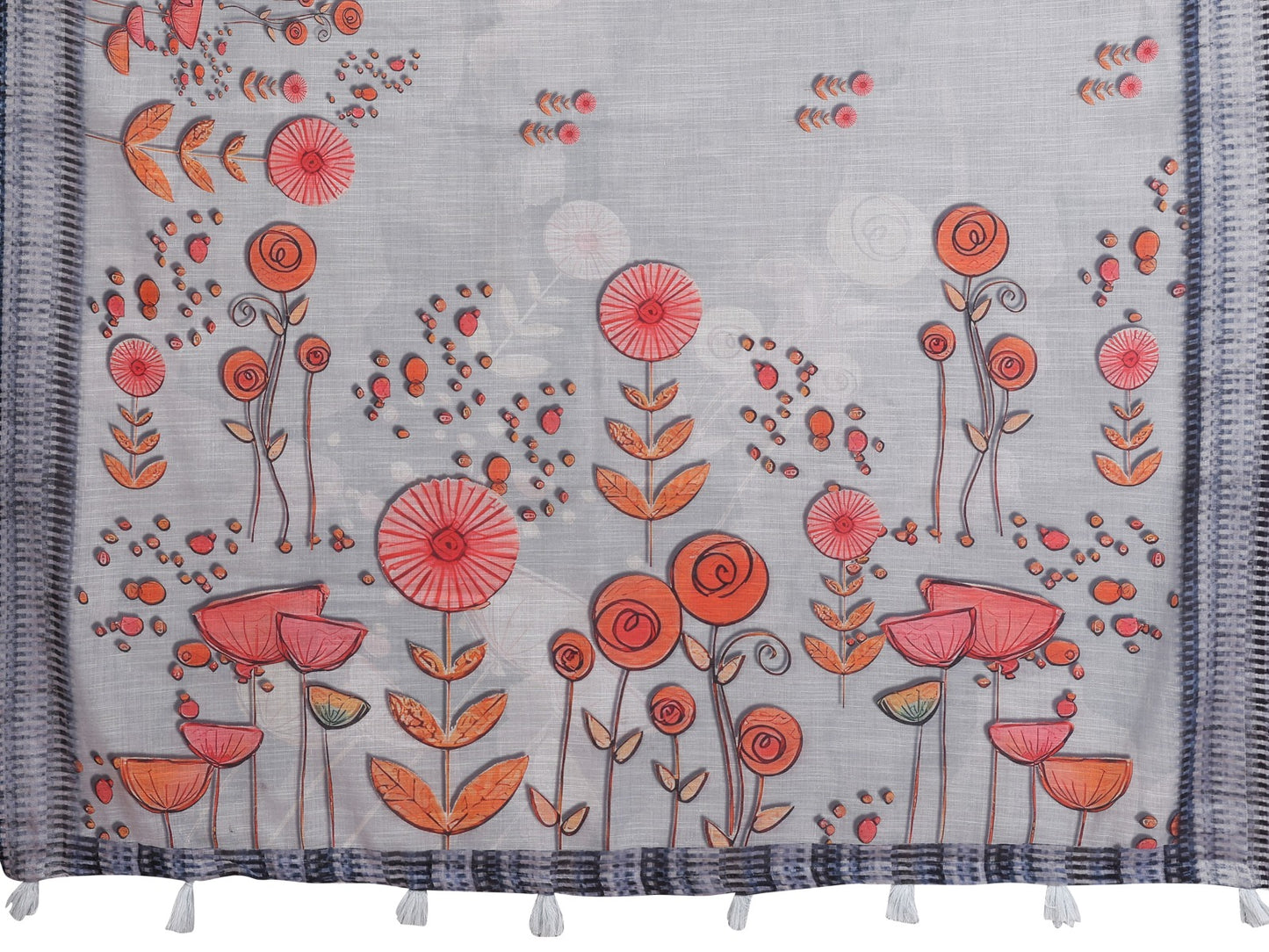 Light Grey Linen Cotton Saree with Artistic Floral Prints