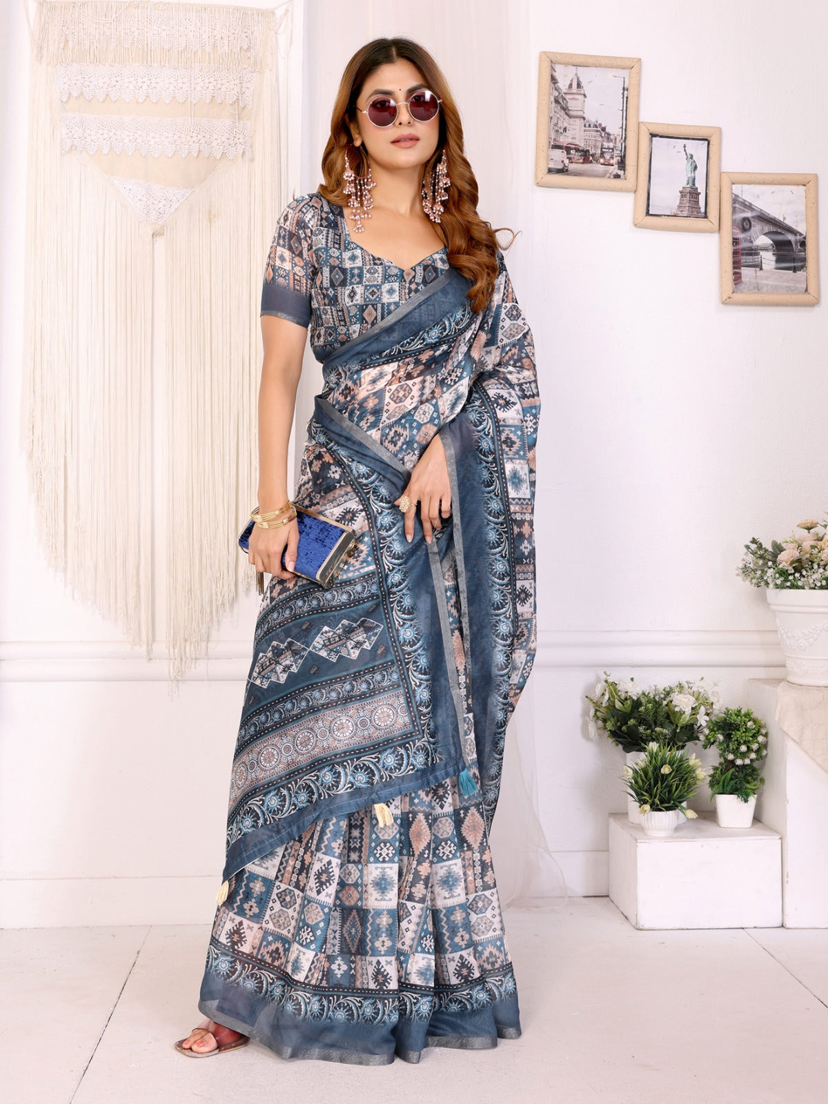 Stylish White Chanderi Saree with Digital Geometric Print