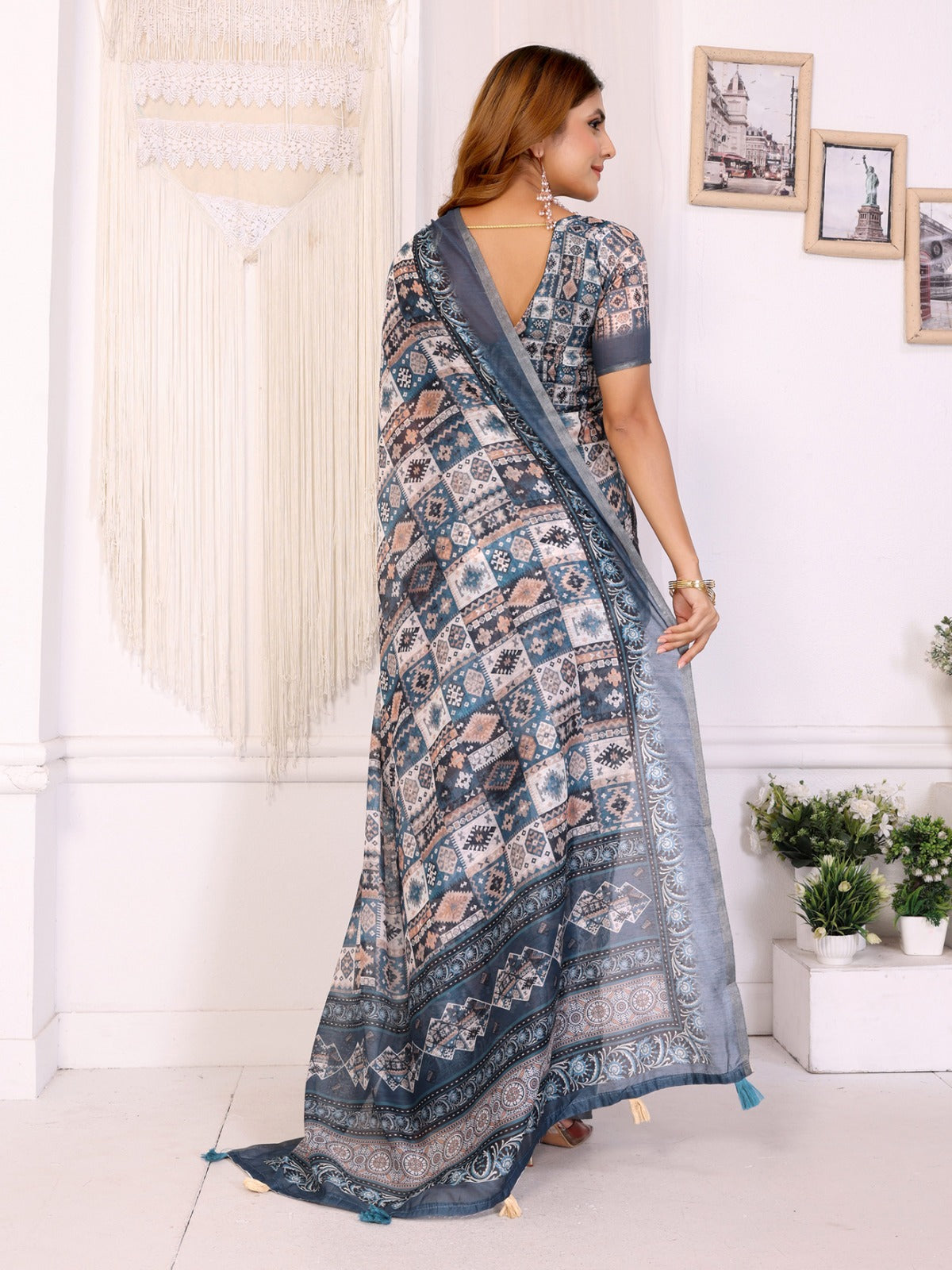 Stylish White Chanderi Saree with Digital Geometric Print