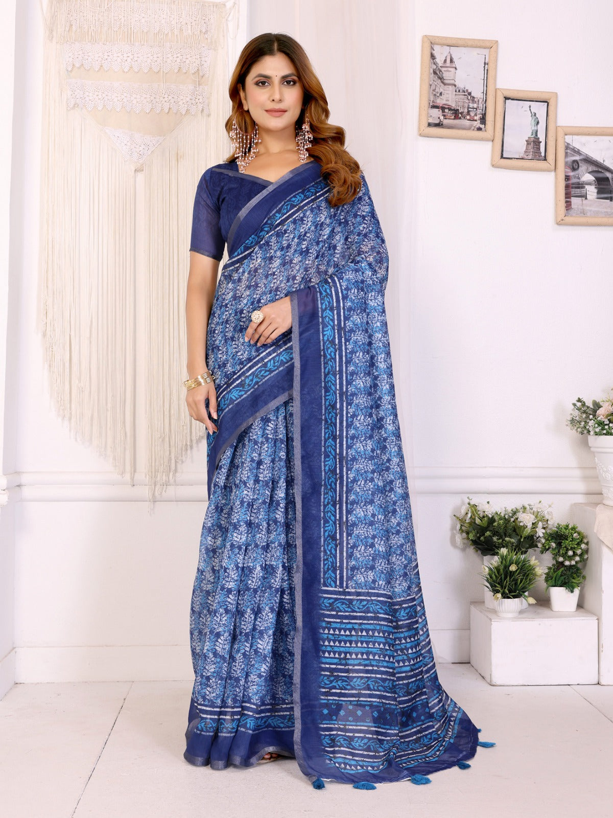 Elegant White Chanderi Saree with Digital Floral Print