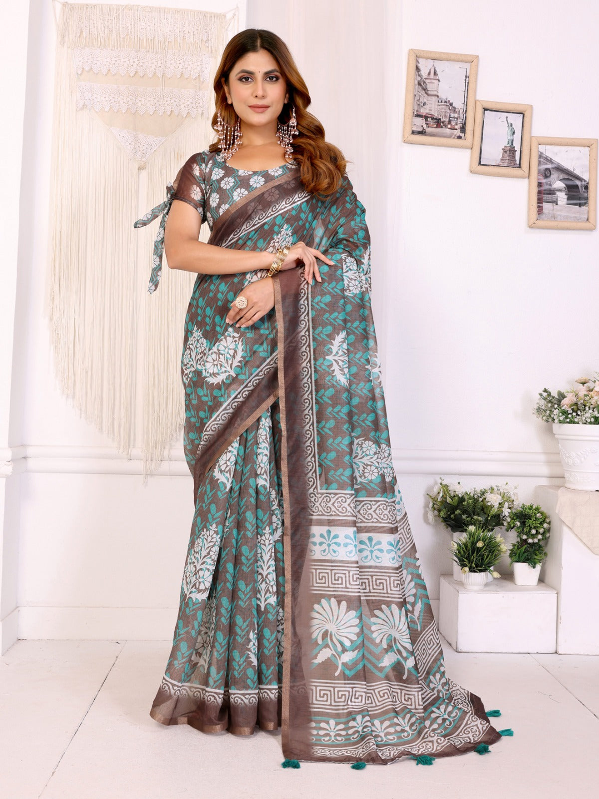 Elegant Chanderi Saree with Floral & Geometric Digital Print