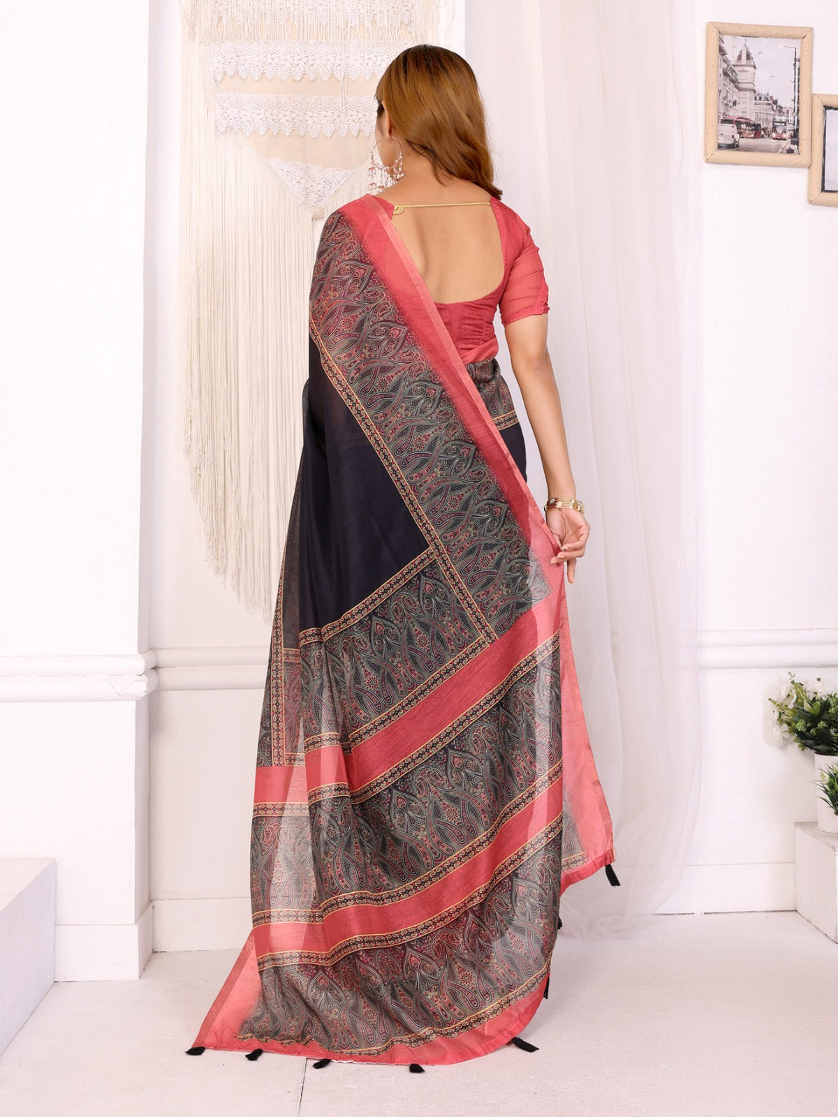 Elegant Black Saree with Reddish Pink Border