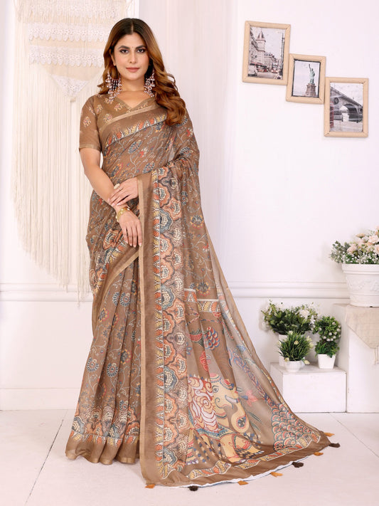 Elegant Coffee Brown Chanderi Digital Print Saree