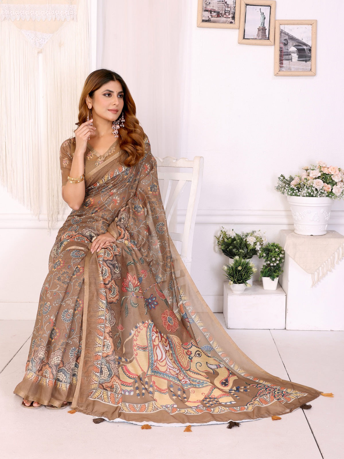 Elegant Coffee Brown Chanderi Digital Print Saree