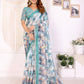 Aqua Blue Digital Abstract Printed Chanderi Saree