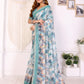 Aqua Blue Digital Abstract Printed Chanderi Saree