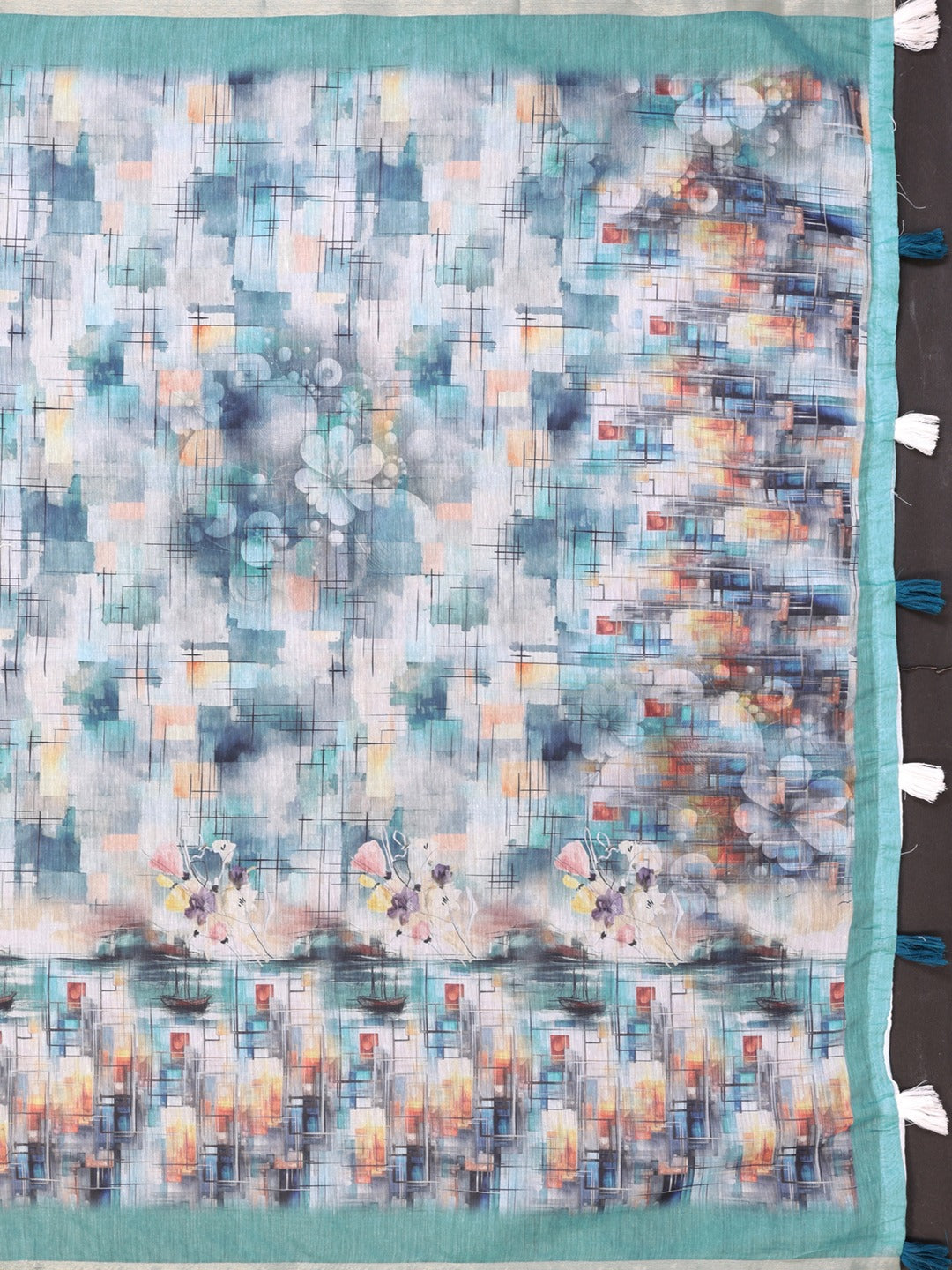 Aqua Blue Digital Abstract Printed Chanderi Saree