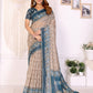 Beige & Teal Ethnic Motif Printed Chanderi Saree