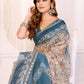 Beige & Teal Ethnic Motif Printed Chanderi Saree