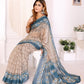 Beige & Teal Ethnic Motif Printed Chanderi Saree