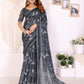 Charcoal Grey Floral Printed Chanderi Saree