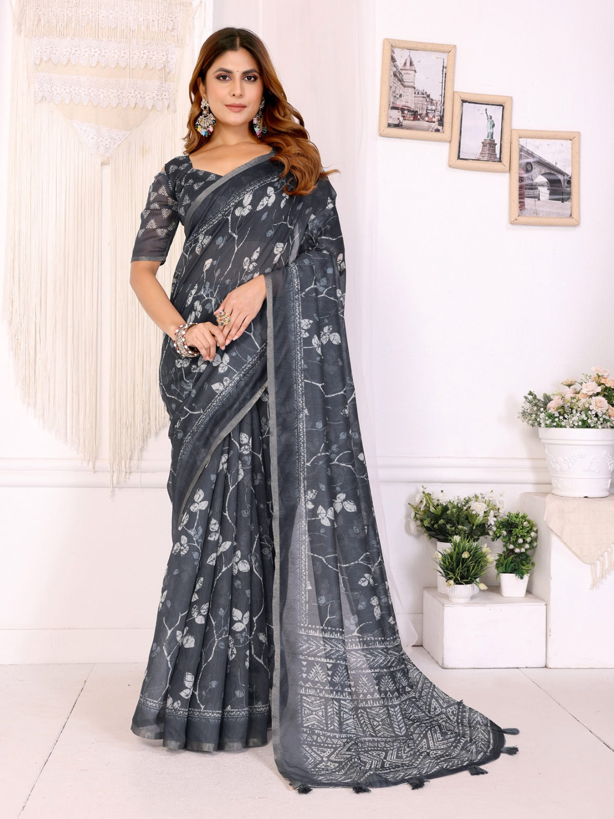 Charcoal Grey Floral Printed Chanderi Saree