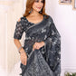 Charcoal Grey Floral Printed Chanderi Saree