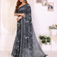 Charcoal Grey Floral Printed Chanderi Saree