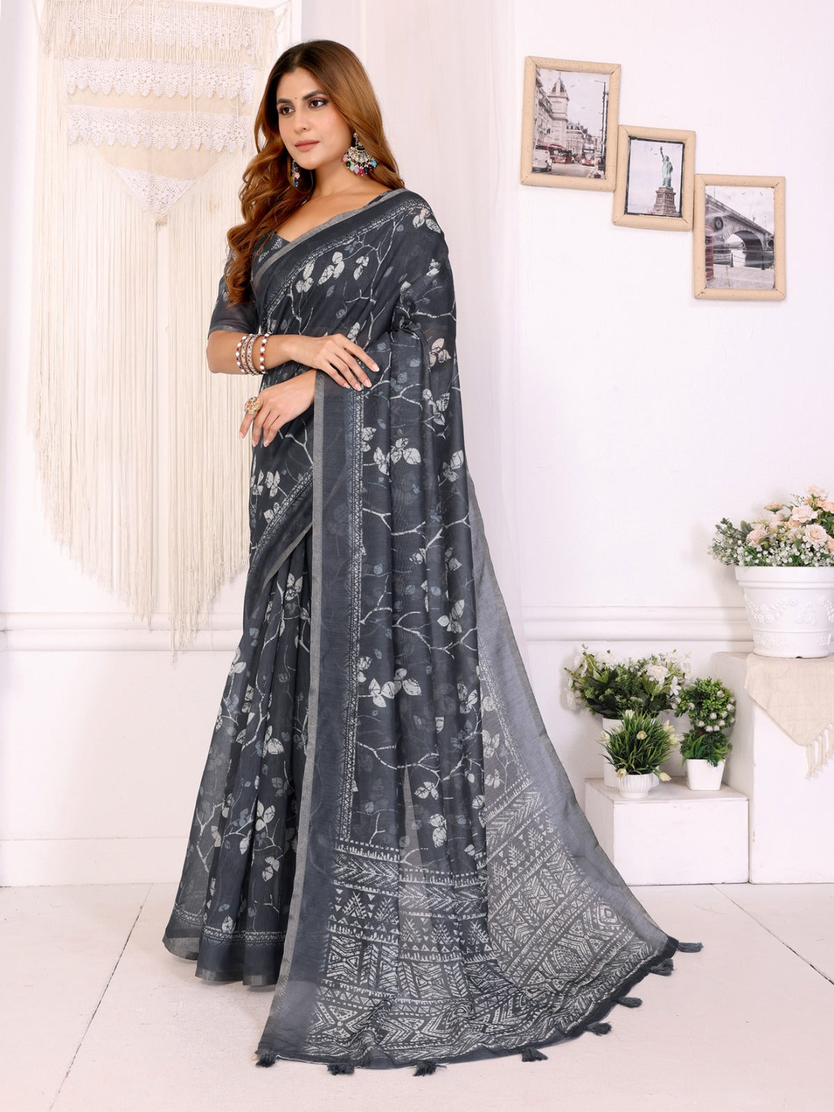 Charcoal Grey Floral Printed Chanderi Saree